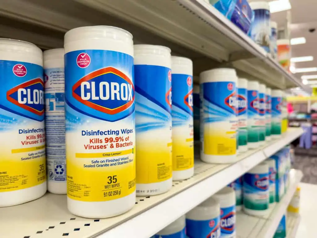CLOROX disinfecting wipes product on display shelf.